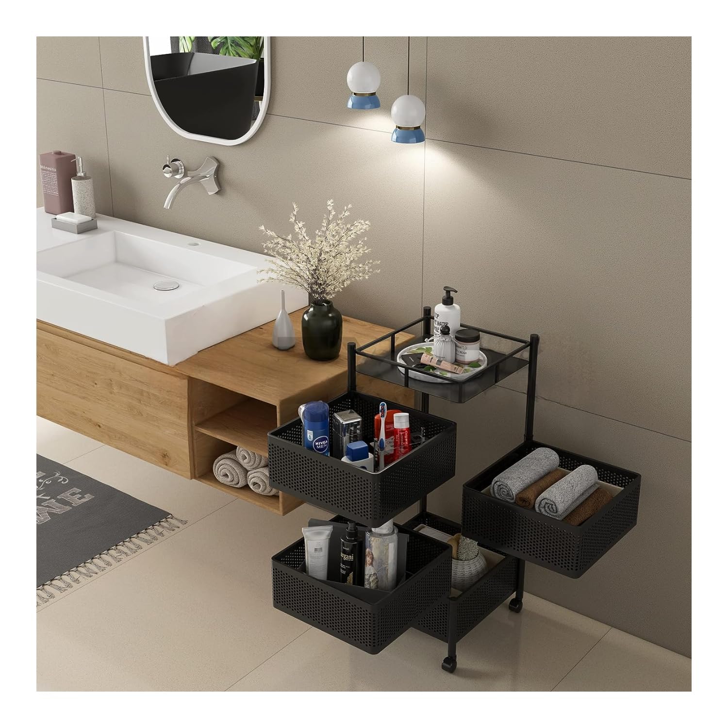 Privesh Metal 4 Layer Kitchen Rotating Trolley Portable Storage Rack Square Design Fruits & Vegetable Onion Cutlery, Spice, Jars